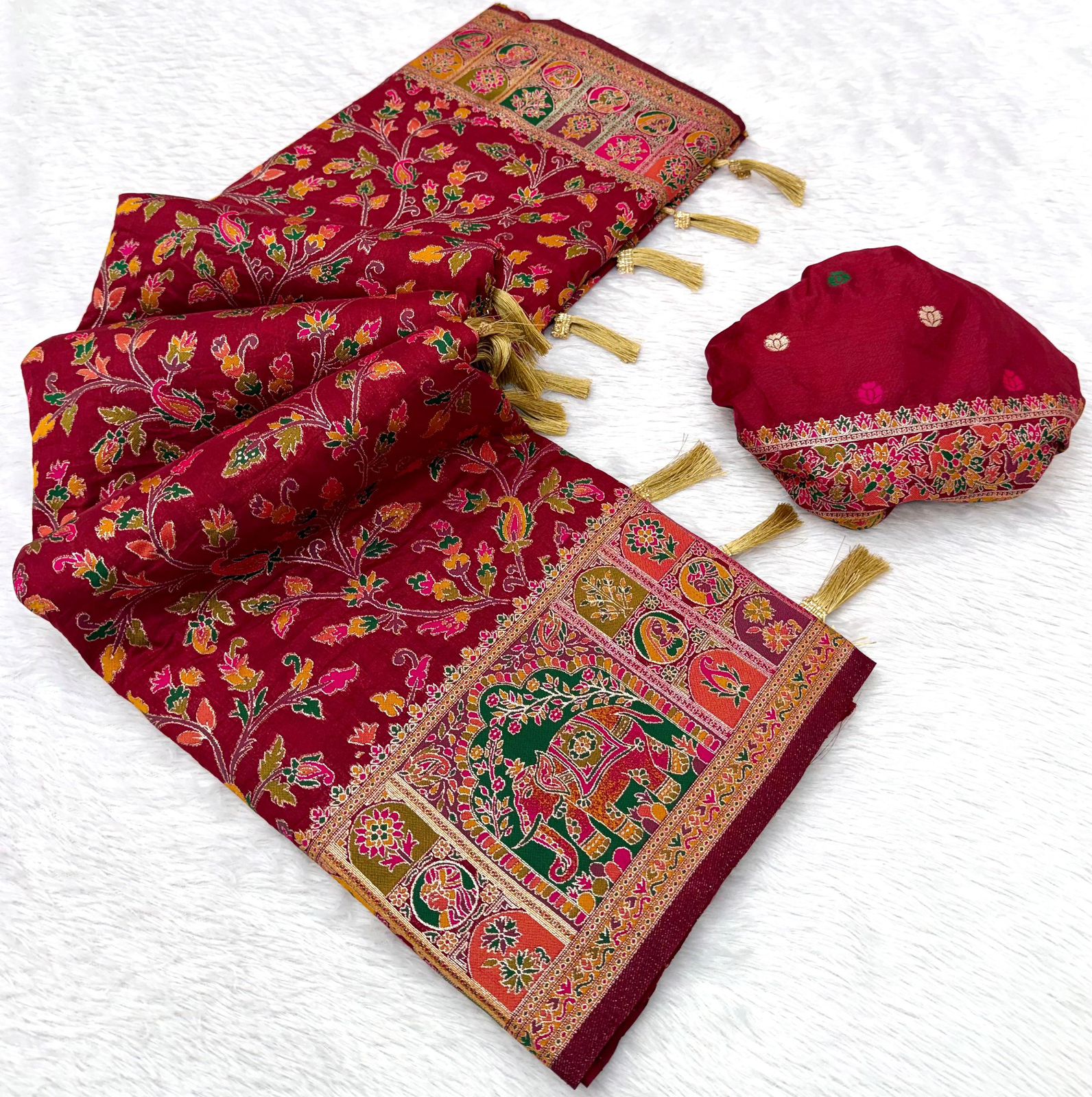 Rajwadi Pashmina Silk Saree with Kashmiri Weaving & Zari Border